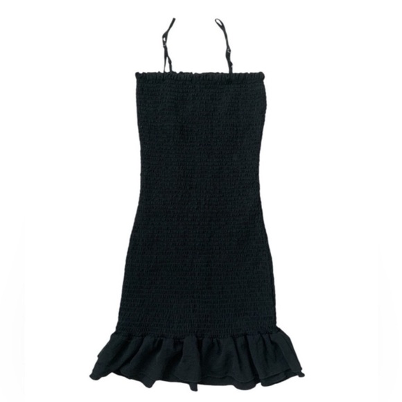 Rouched Fitted Ruffle Black Mini Dress women’s spaghetti strap - Picture 1 of 5